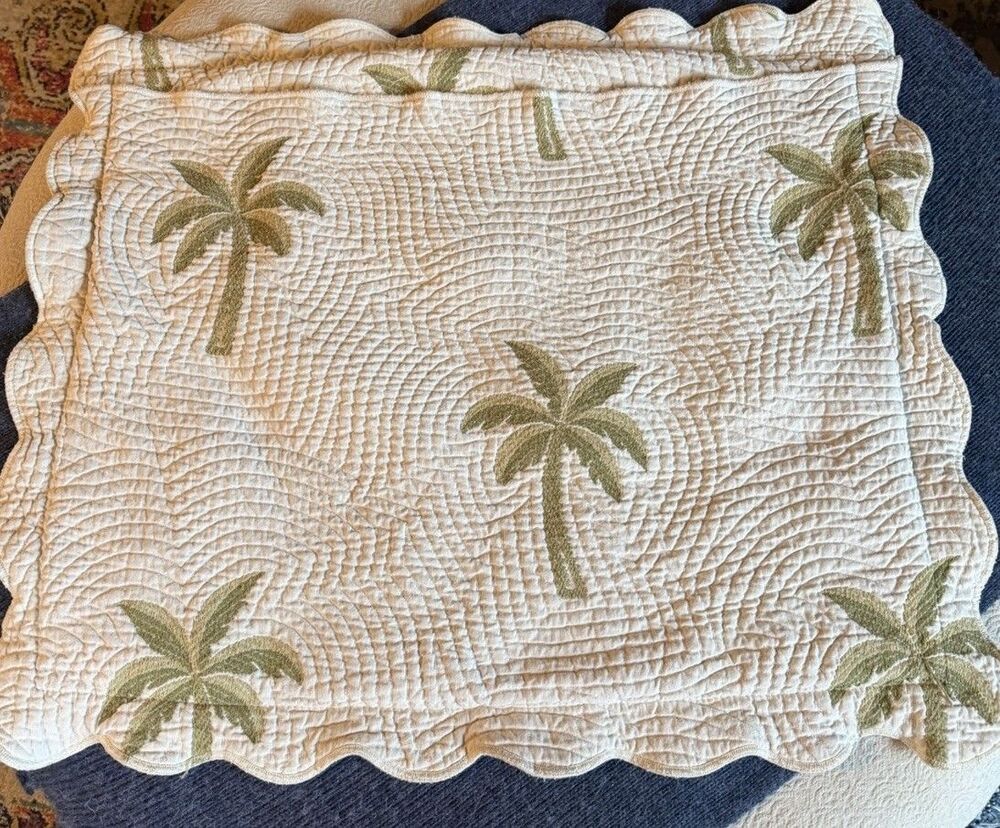 1 Waverly Cotton Standard Pillow Sham Ivory Green Beige Embroidered Palm Trees